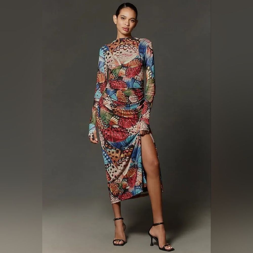 Farm Rio Anthropologie Long-Sleeve Mock-Neck Mesh Slim Midi Dress Size Small NWT